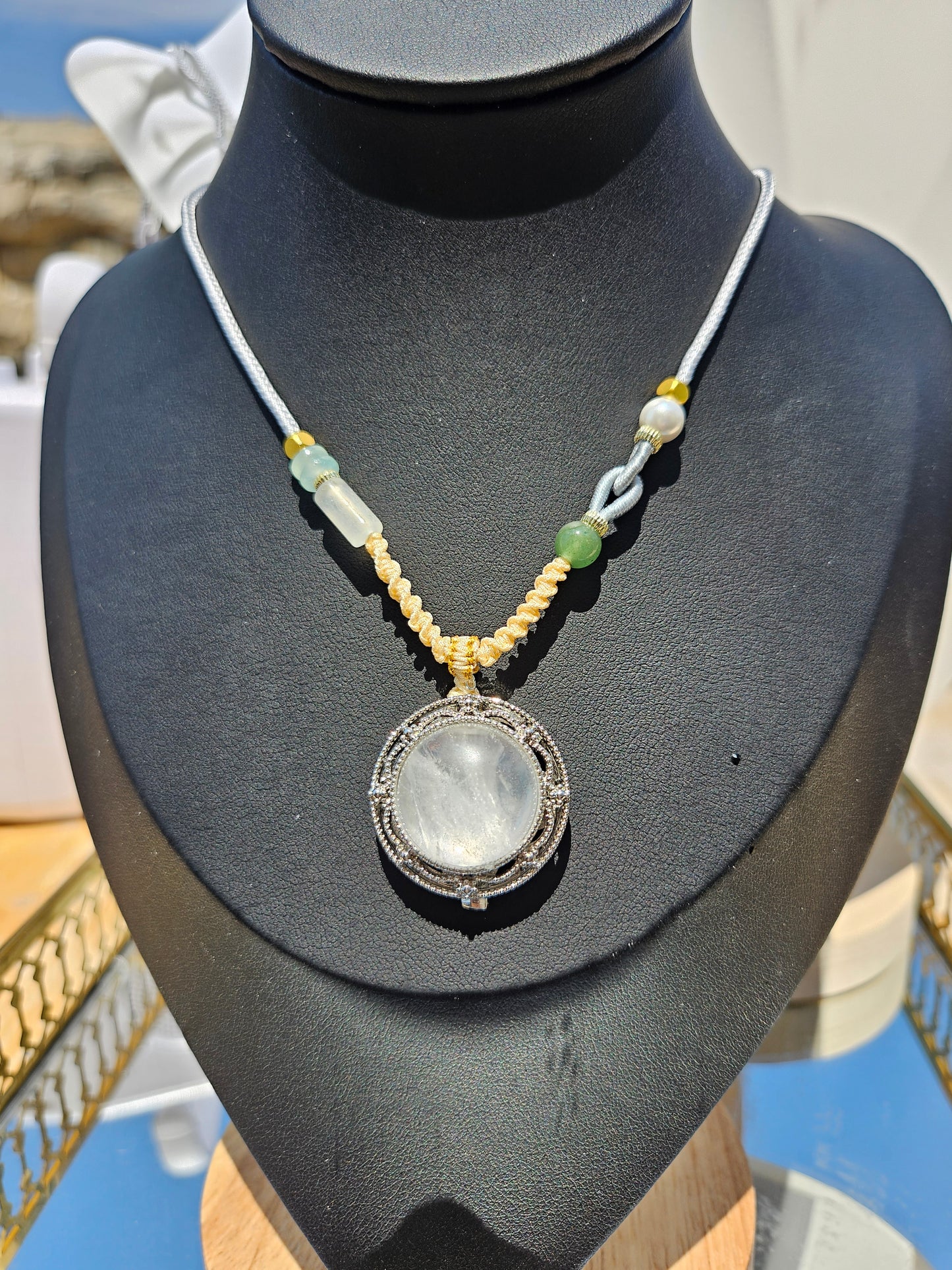 Natural White Crystal Round Pendant Necklace  Hand-woven Rope Adjustable