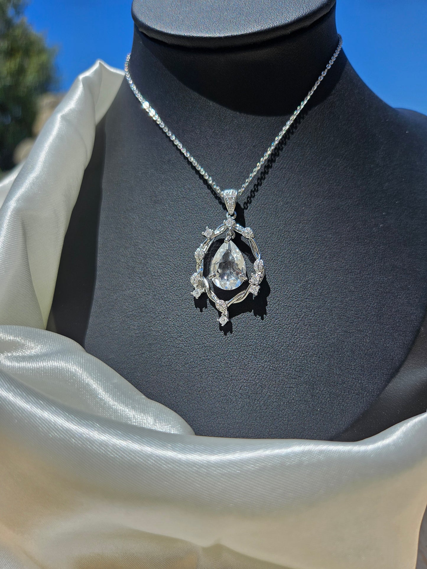 Natural White Quartz Water Droplet Shaped Necklace Silver Plated