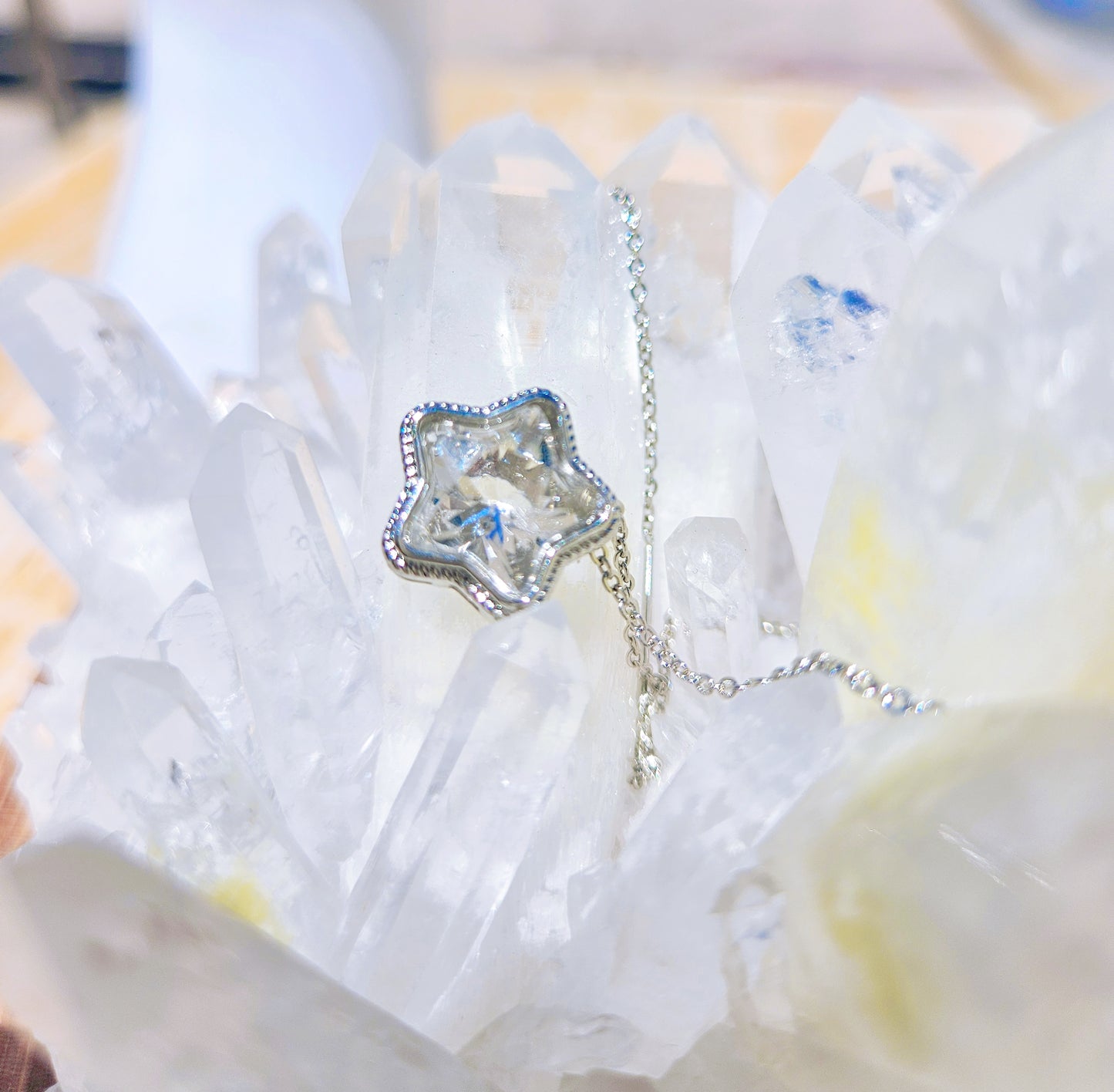 Natural White Quartz Star Shaped Necklace Silver Plated