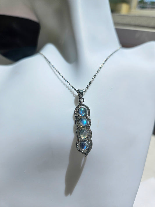 Natural Moonstone Bean Pod Shaped Necklace Silver Plated
