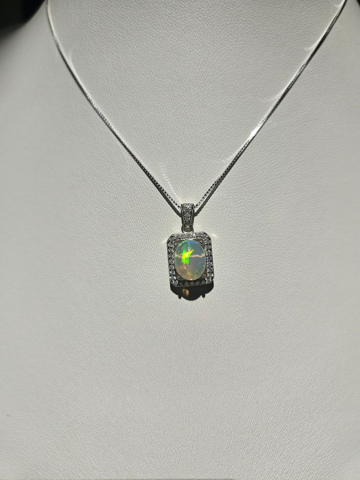 Natural Opal Rectangular Sparkling Zircon Inlaid 925 Sterling Silver Necklace