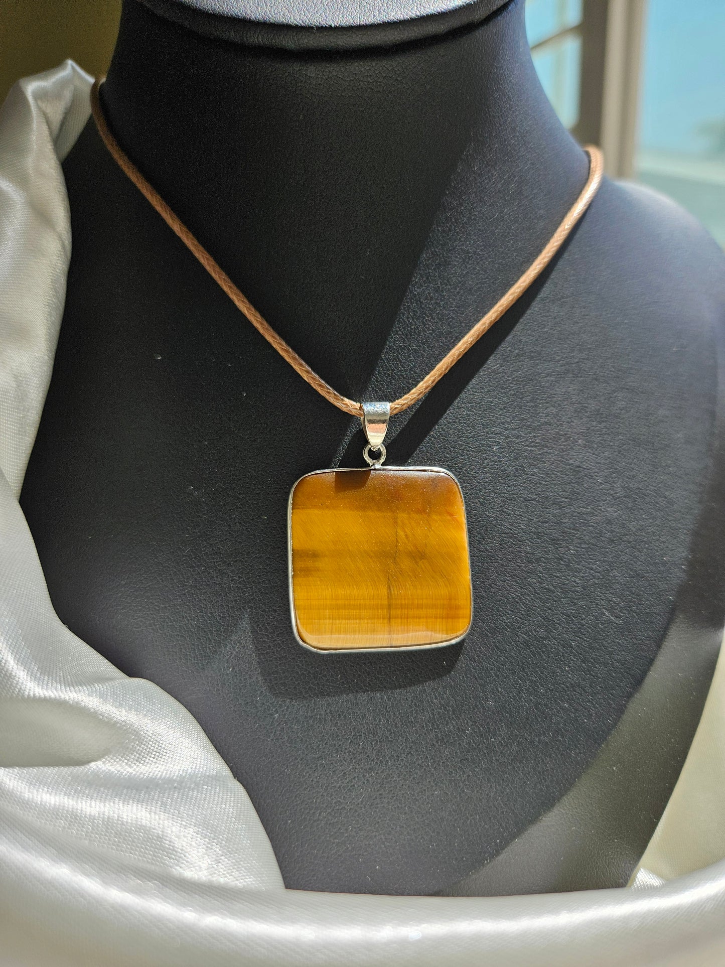 Natural Square Tiger Eye Stone Pendant Necklace