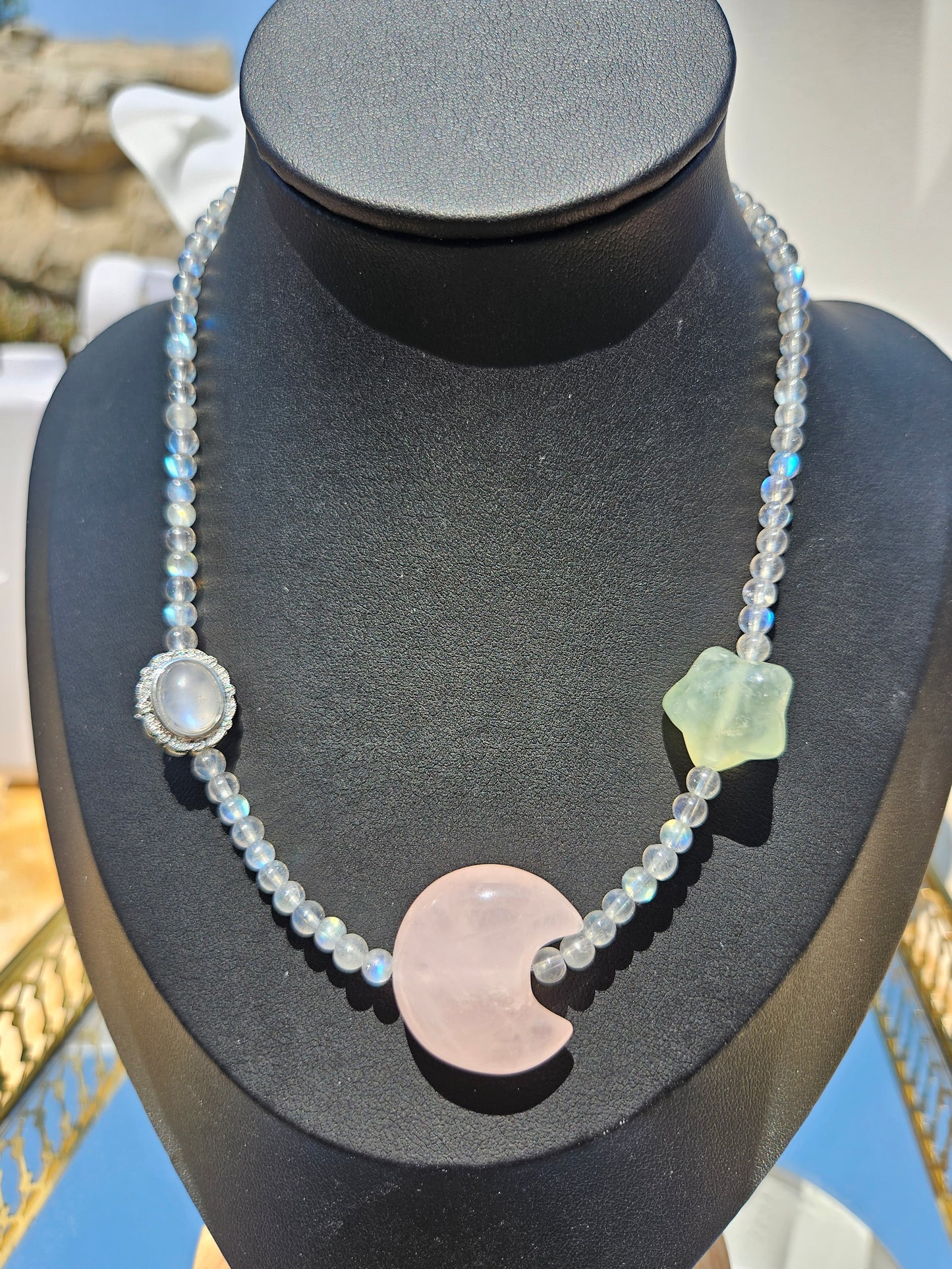 "Summer Night Stars and Moon" natural rose quartz and green hair crystal with pure natural moonstone bead necklace