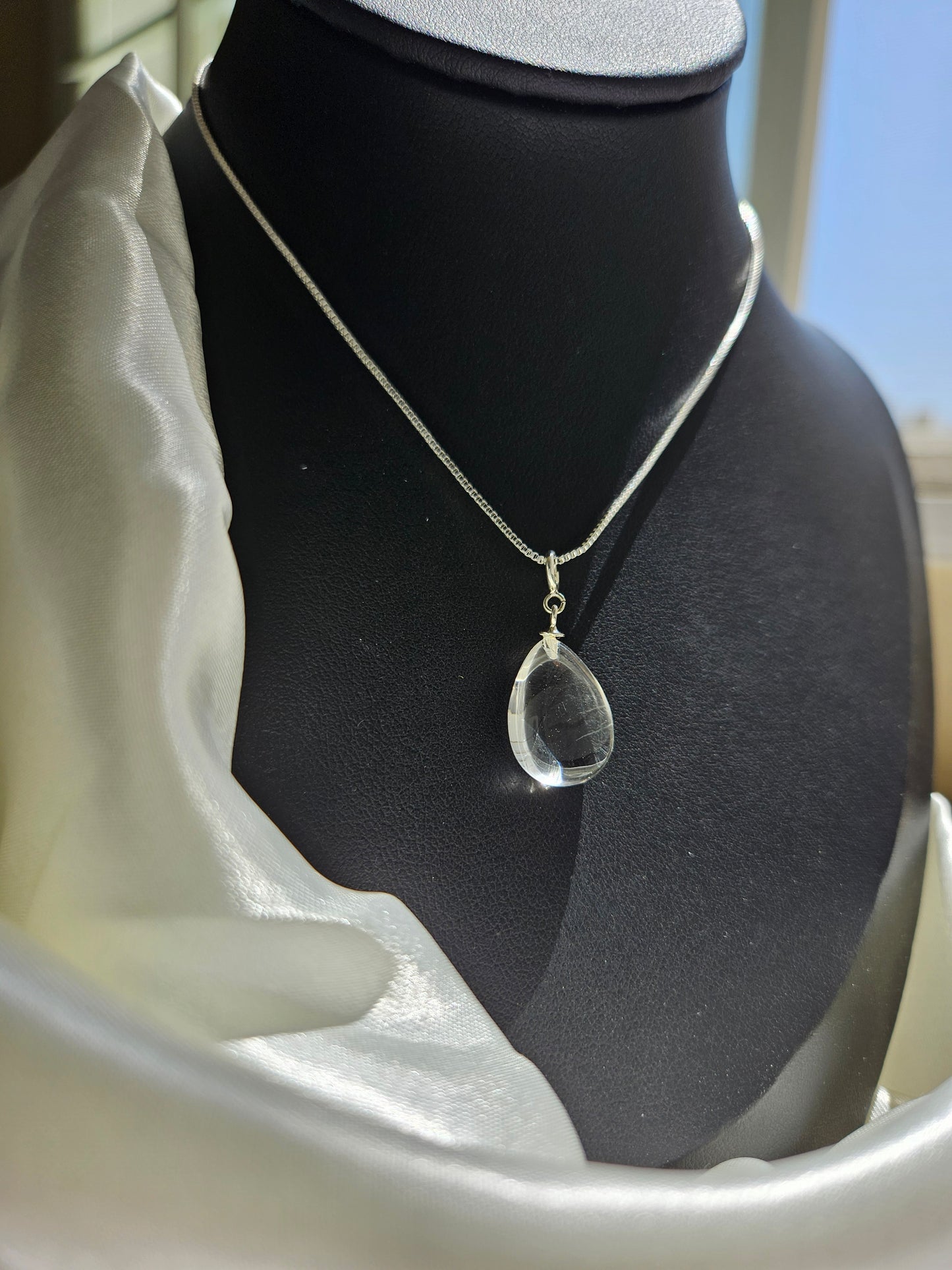 Natural White Quartz Water Droplet Shaped Necklace Silver Plated