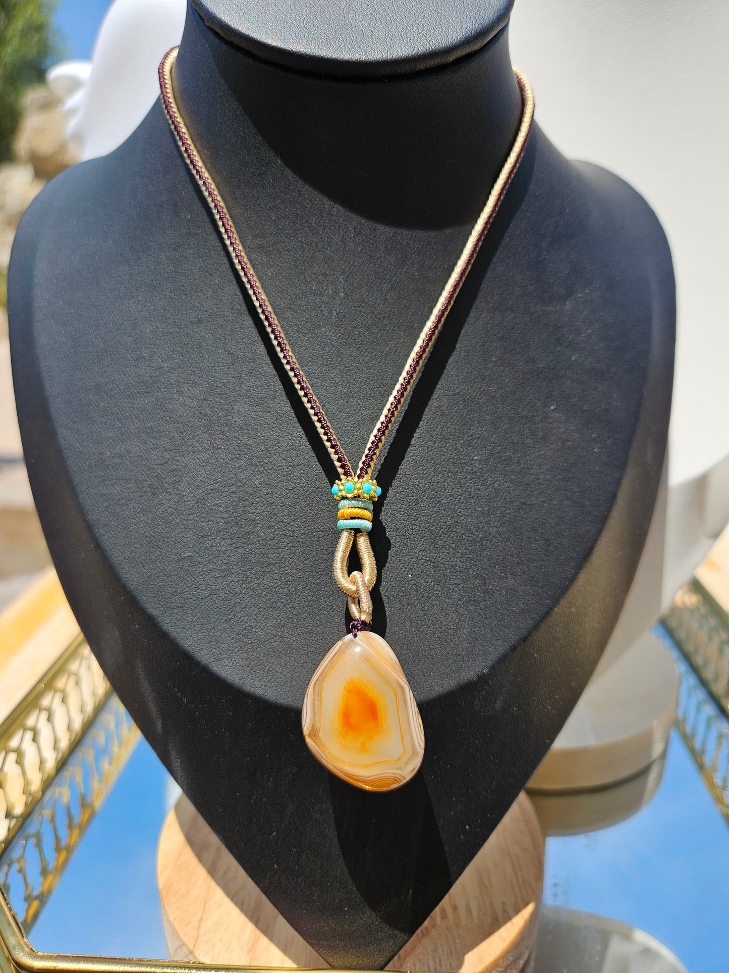 Natural agate natural two-sided different texture pendant long chain necklace