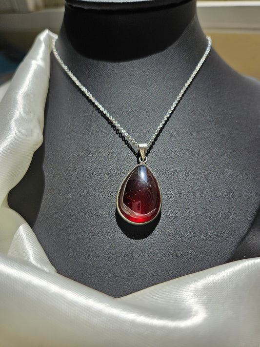Natural Red Garnet Water Drop Shape Necklace Silver Plated