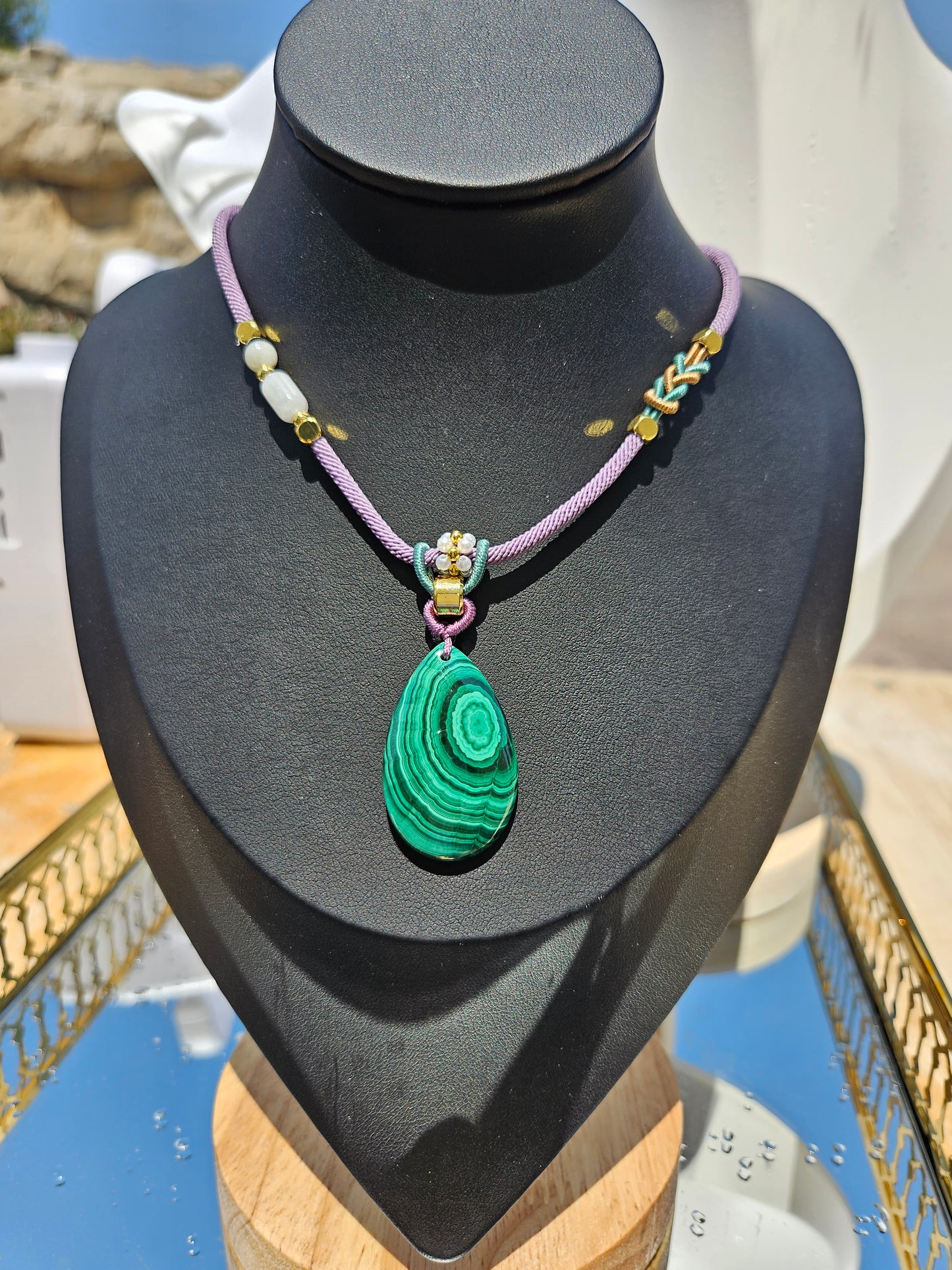 Natural Malachite Natural Texture Teardrop Pendant Handmade Braided Necklace Adjustable