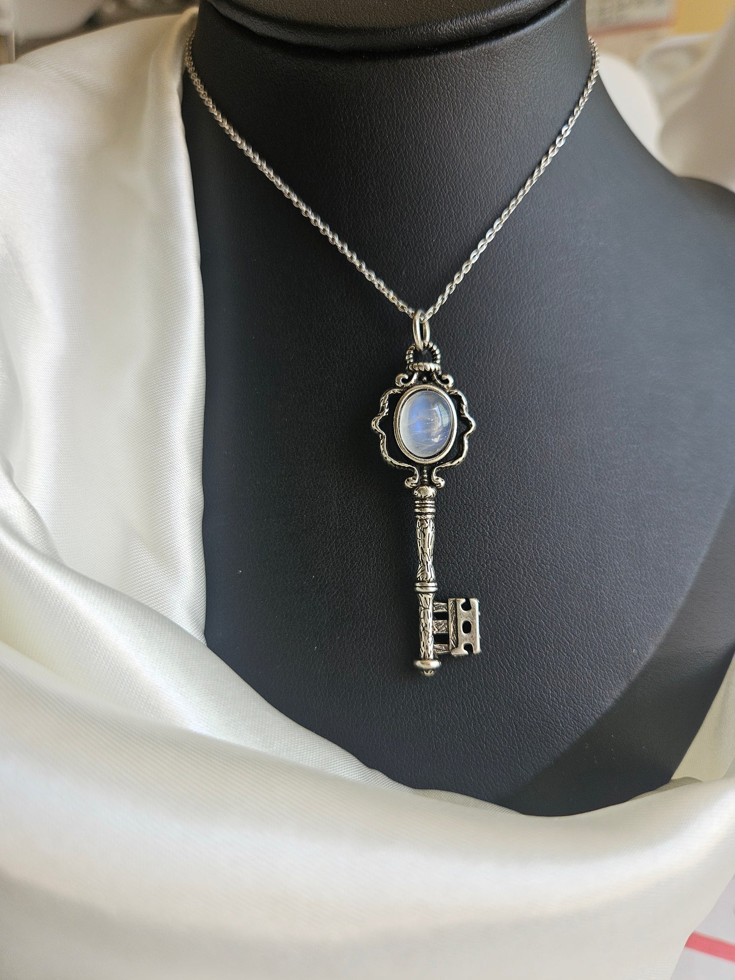 Natural Moonstone Key Shaped Necklace Silver Plated