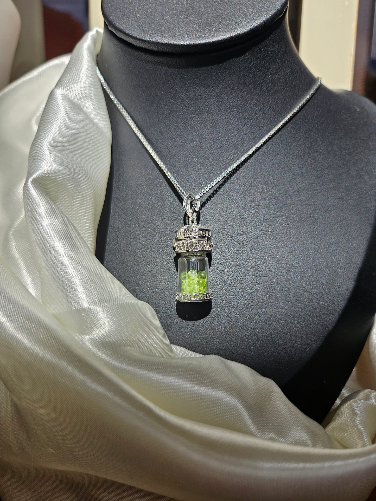 Natural Olivine Wishing Bottle Necklace Silver Plated