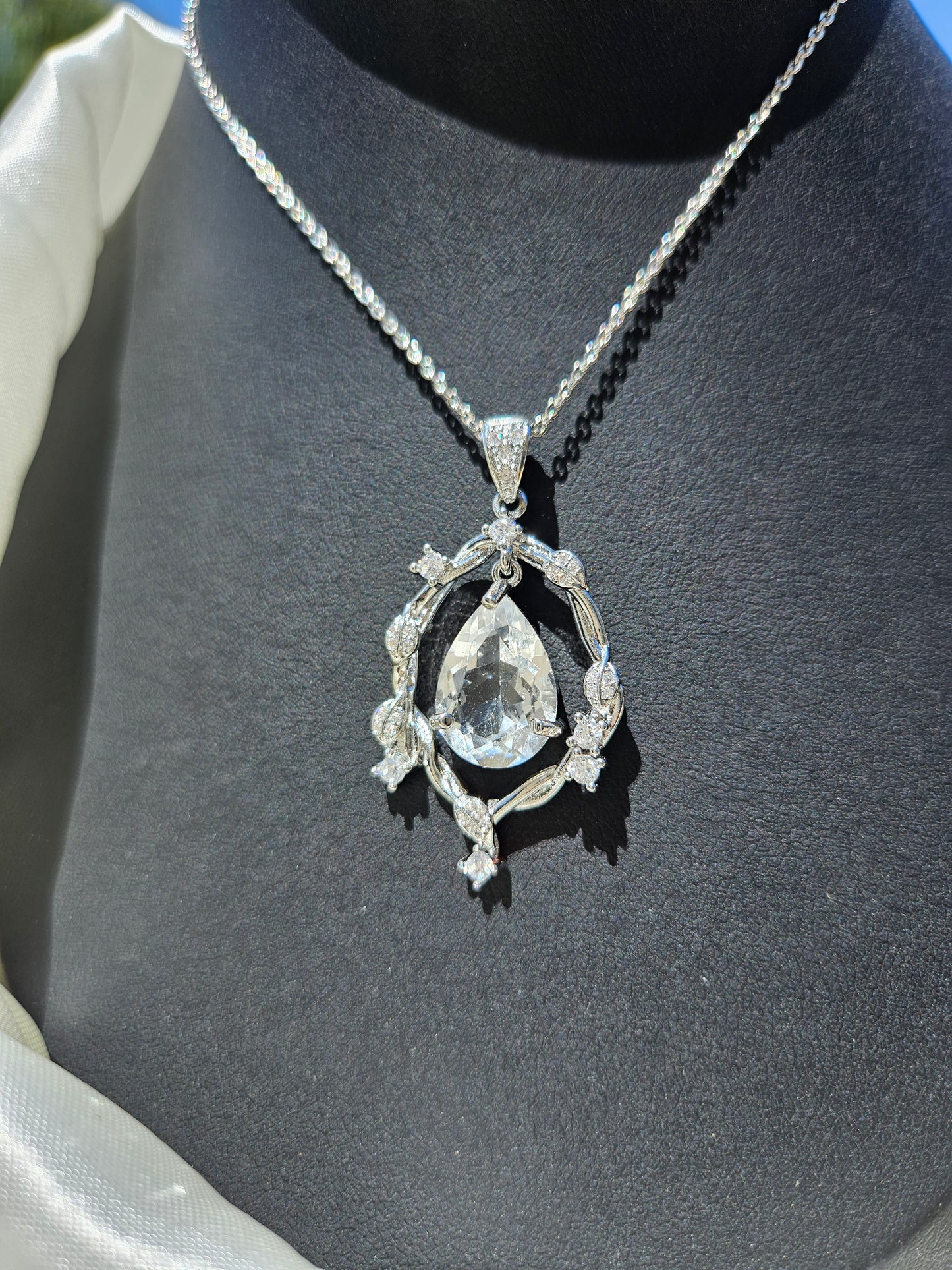 Natural White Quartz Water Droplet Shaped Necklace Silver Plated