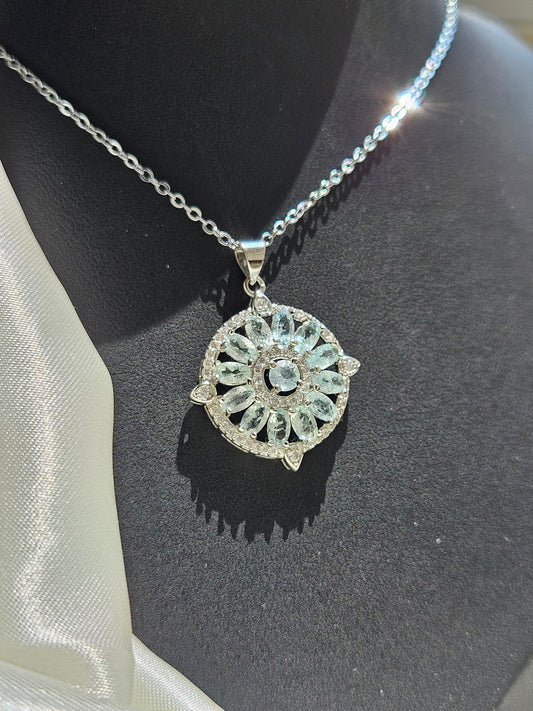 Natural Aquamarine Inlaid Sunflower Shape Pendant Necklace