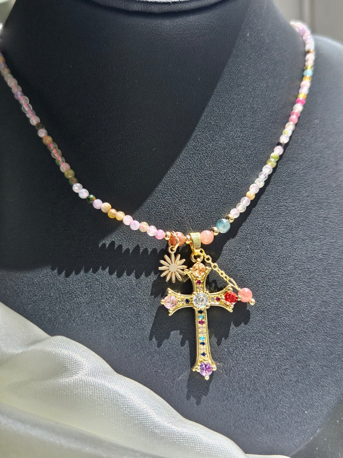 Natural Tourmaline Crystal Necklace Cross Pendant Adjustable