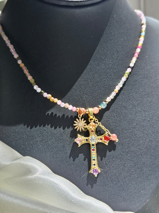 Natural Tourmaline Crystal Necklace Cross Pendant Adjustable