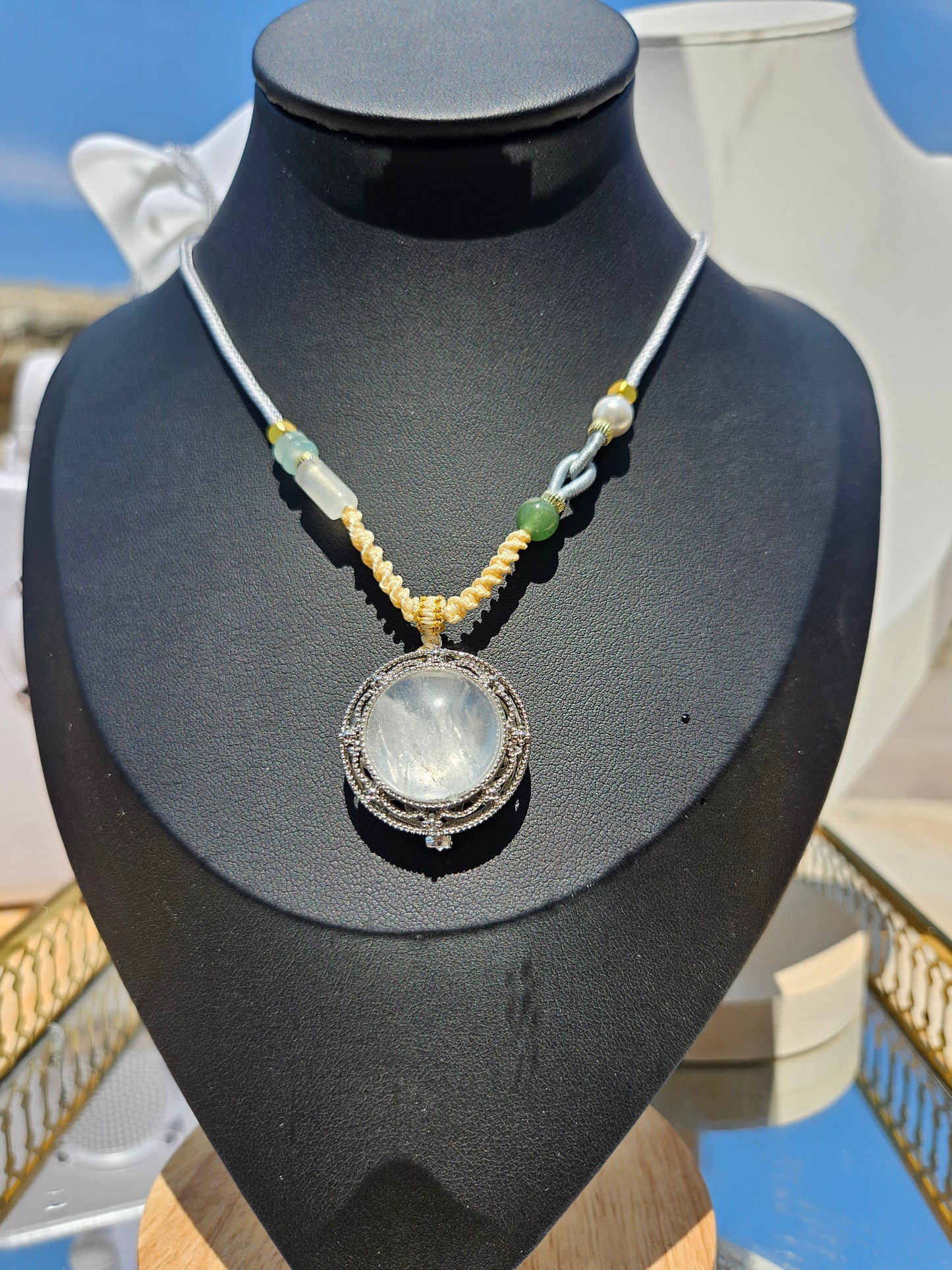 Natural White Crystal Round Pendant Necklace  Hand-woven Rope Adjustable