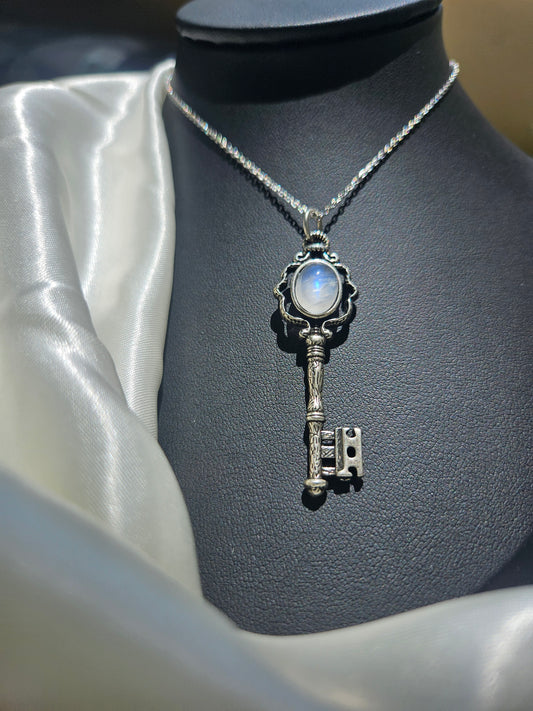 Natural Moonstone Key Shaped Necklace Silver Plated