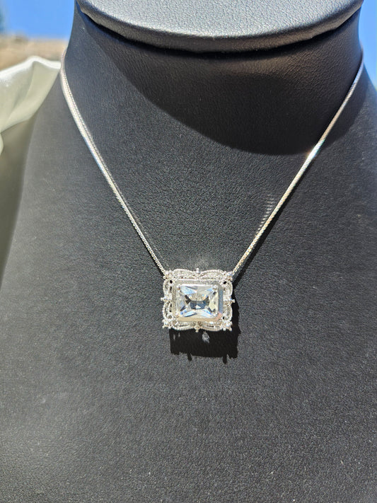 Natural White Quartz Square Shaped Necklace Silver Plated