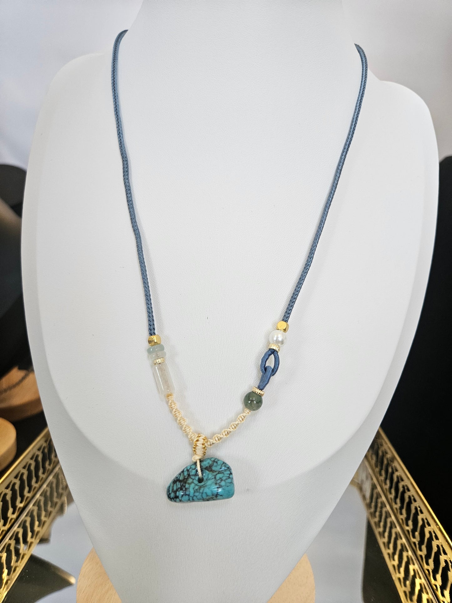 Natural Turquoise Unique Natural Texture Pendant Hand-woven Cord Adjustable Necklace