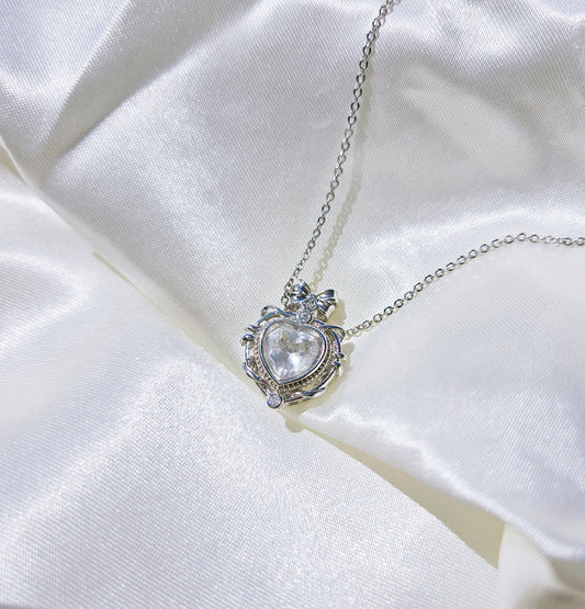 Natural White Quartz Heart Shaped Necklace Silver Plated